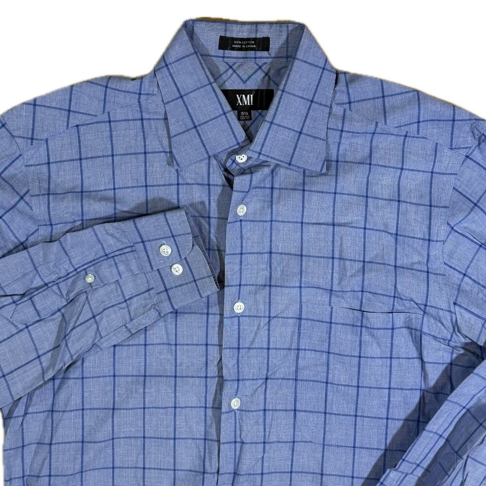 XMI Long Sleeve Shirt Blue Windowpane Check 100% Cotton 15.5‎ 32/33 Classic Fit